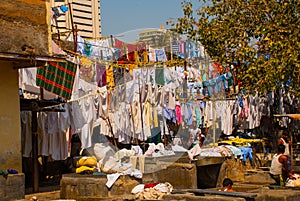 Laundry service in India. Laundry, dry things on the clothesline. Mumbai.