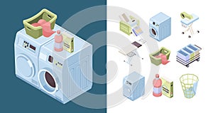 Laundry service. Powder detergent iron soap towel cleaning isometric washes tools vector