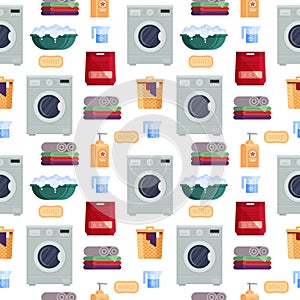 Laundry service seamless pattern, house cleaning tools on white background. Detergent and launder products, household
