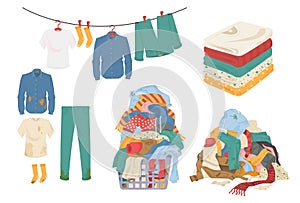 Laundry set, flat vector isolated illustration. Clean and dirty menswear, towels. Laundry basket.
