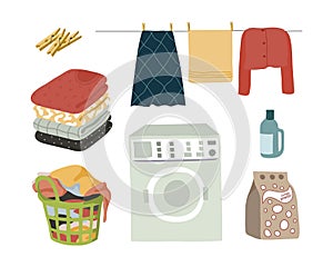 Laundry set isolated elements powder, washing machine, wet clothes with clothespins, folded clothes and a basket with