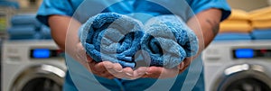 Laundry staff with fresh towels gesturing positively in closeup against blurred laundry background photo