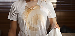 Laundry trouble Woman showing a white shirt with an unexpected stain