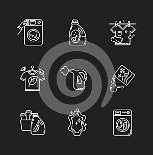 Laundry types chalk white icons set on black background. Coin wash service, washing machine, steam and eco dry cleaning