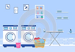 Laundry with Wash and Drying Machines in Flat Background Illustration. Dirty Cloth Lying in Basket and Women are Washing Clothes