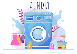 Laundry with Wash and Drying Machines in Flat Background Illustration. Dirty Cloth Lying in Basket and Women are Washing Clothes