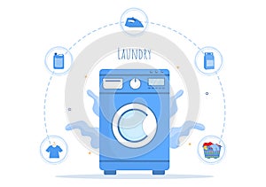 Laundry with Wash and Drying Machines in Flat Background Illustration. Dirty Cloth Lying in Basket and Women are Washing Clothes