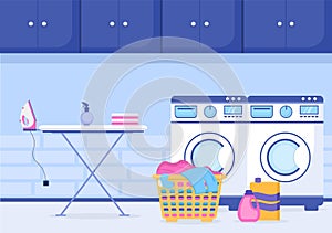 Laundry with Wash and Drying Machines in Flat Background Illustration. Dirty Cloth Lying in Basket and Women are Washing Clothes