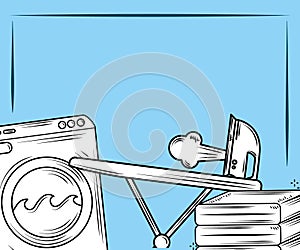 Laundry washer machine ironing and folding clothes over blue background line style