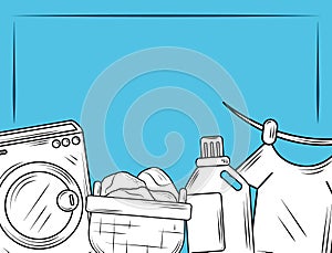 Laundry washing machine detergent and clothes blue background line style