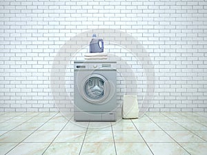 Laundry. Washing machine with detergent and towels
