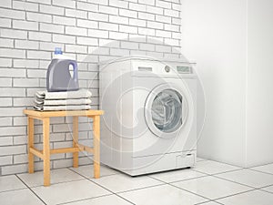 Laundry. Washing machine with detergent and towels