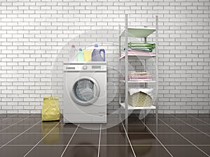 Laundry. Washing machine with detergents. photo