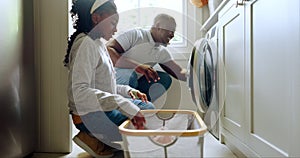 Laundry, washing machine and a father in the home with his girl child for spring cleaning or housework together. Black