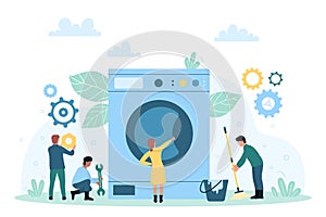 Laundry, washing machine repair and maintenance service, tiny people repairing appliance