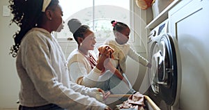 Laundry, washing machine and a woman in the home with her kids for spring cleaning or housework together. Black family