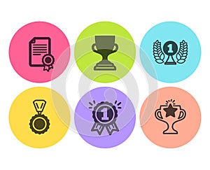 Laureate award, Certificate and Reward icons set. Award cup, Medal and Victory signs. Prize, Diploma. Vector