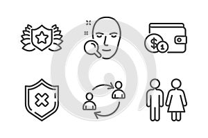 Laureate, Face search and User communication icons set. Buying accessory, Reject protection and Restroom signs. Vector