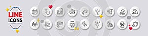 Laureate medal, Rent car and Genders line icons. For web app, printing. White buttons 3d icons. Vector