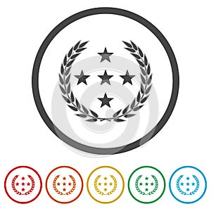Laurel five stars icon. Set icons in color circle buttons
