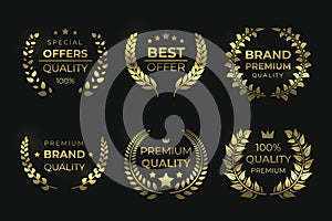 Laurel quality labels. Golden luxury badge, sale foliage wreath with text, high quality guaranteed elements. Vector sale