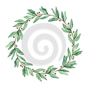 Laurel wreath with eucalyptus - Watercolor illustration. Happy new year and merry christmas. Winter greenery composition. Perfect