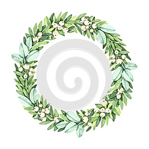 Laurel wreath with greenery branches, mistletoe, eucalyptus - Watercolor illustration. Happy new year and merry christmas. Winter