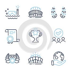 Laurel wreath, Laureate medal and Arena stadium icons set. Victory, Scuba diving and Sports stadium signs. Vector photo