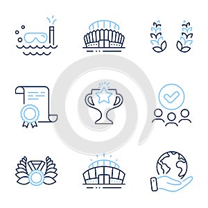 Laurel wreath, Laureate medal and Arena stadium icons set. Victory, Scuba diving and Sports stadium signs. Vector