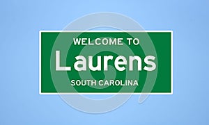 Laurens, South Carolina city limit sign. Town sign from the USA.