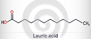 Lauric acid, dodecanoic acid, C12H24O2 molecule. It is a saturated fatty acid. Skeletal chemical formula