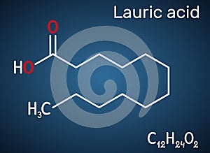 Lauric acid, dodecanoic acid, C12H24O2 molecule. It is a saturated fatty acid. Structural chemical formula on the dark blue