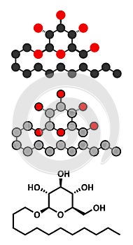 Lauryl glucoside (dodecyl glucoside) non-ionic surfactant molecule. Mild detergent, often used in cosmetics, shampoos, etc.