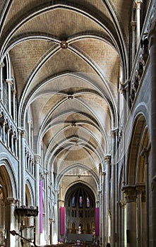 Lausanne cathedral interior from the entrance.