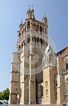 Lausanne cathedral tower close up.