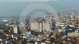 Lausanne City and Lake Geneva. Vaud, Switzerland. Aerial View