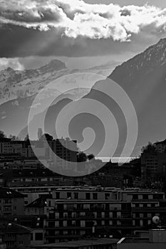 Lausanne Switzerland, cityscape and snowy alps