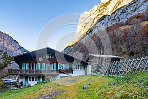 Lauterbrunen Valey and the path to the mountains in Stechelberg