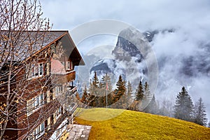 Lauterbrunnen valley, village of Lauterbrunnen, famous mount Jungfrau in the Swiss Alps, Switzerland