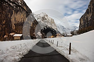 Lauterbrunnen village in the Interlaken Oberhasli district in the canton of Bern in Switzerland. Lauterbrunnen Valley in winter