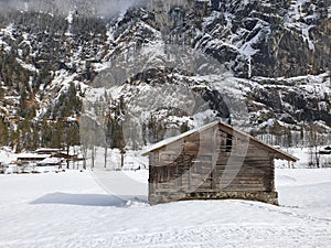 Lauterbrunnen village in the Interlaken Oberhasli district in the canton of Bern in Switzerland. Lauterbrunnen Valley in winter