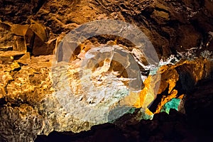 Lava cave with lights Lanzarote