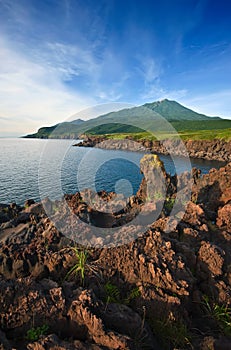 Lava field on the coast of the island of Iturup. Yankito plateau.