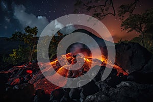 lava flow cascading down the side of a volcano, with orange and red flames visible in the night sky