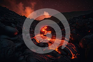 lava flow cascading down the side of a volcano, with orange and red flames visible in the night sky