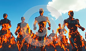 Lava-like humanoid figures running in a dynamic, fiery landscape under a blue sky photo