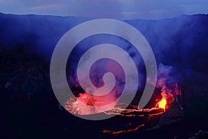 Lava and steam in crater of Nyiragongo volcano in Virunga Nation