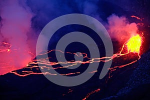 Lava and steam in crater of Nyiragongo volcano in Virunga Nation