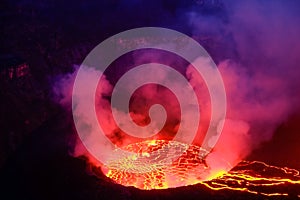 Lava and steam in crater of Nyiragongo volcano in Virunga Nation