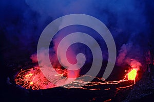 Lava and steam in crater of Nyiragongo volcano in Virunga Nation